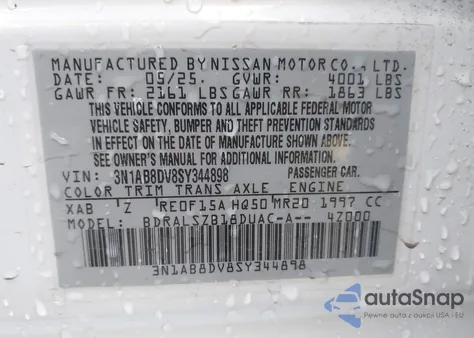 2025 Nissan Sentra Sr z USA, uszkodzony, nr VIN 3N1AB8DV8SY344898